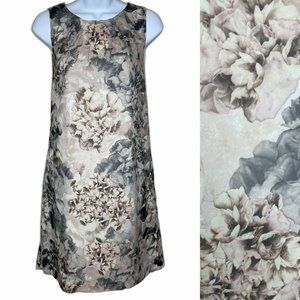 H&M Wms Sz 8 Floral Pleated Neckline Pink Grey Sleeveless Shift Cocktail Dress